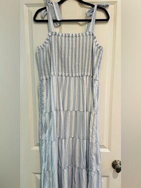 New J. Crew Light Blue and White Striped Tie-Shoulder Maxi Dress